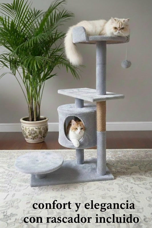 Rascador Árbol para Gatos Multinivel con Cueva, Plataformas y Juguetes Colgantes – Torre para Gatos con Postes de Sisal y Base Estable