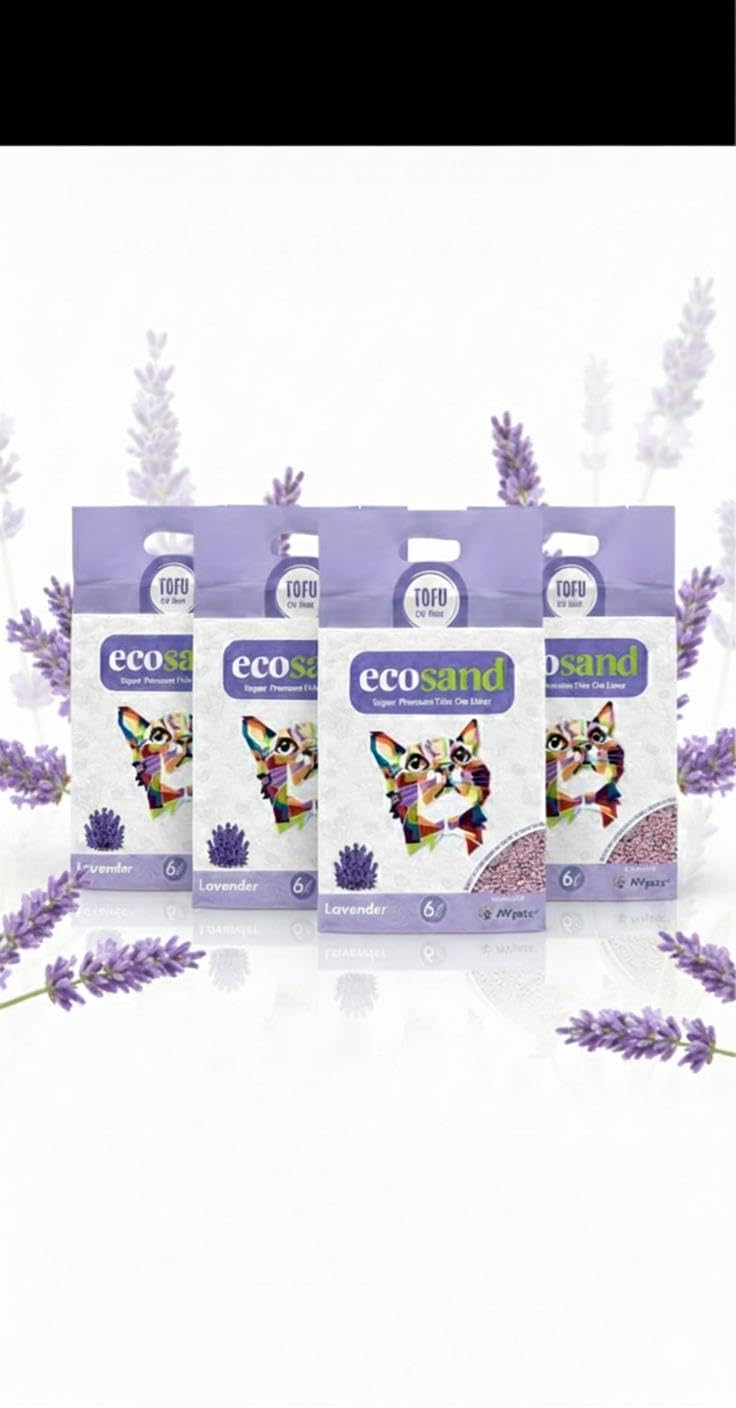Pack de 4 EcoSand Arena para Gatos de Tofu – Súper Premium, Suave y Aglutinante, Ecológica y Biodegradable, Control de Olores, Aroma Lavanda – 6L